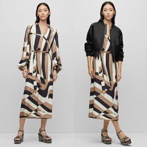 NWT Hugo Boss Geometric Long Sleeve Dress - Black, Brown, Cream